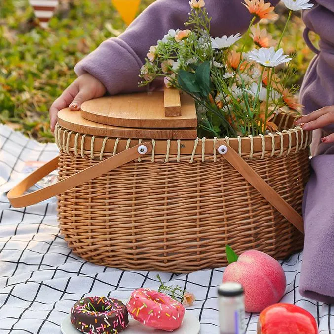 thumbnail image 2 of Handwoven Market Basket With Handle - Woven Picnic & Shopping Basket 2 of 9
